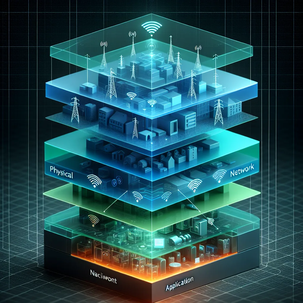 Layered diagram showing IoT protocol stack with blue physical, green network, and orange application layers connecting smart devices