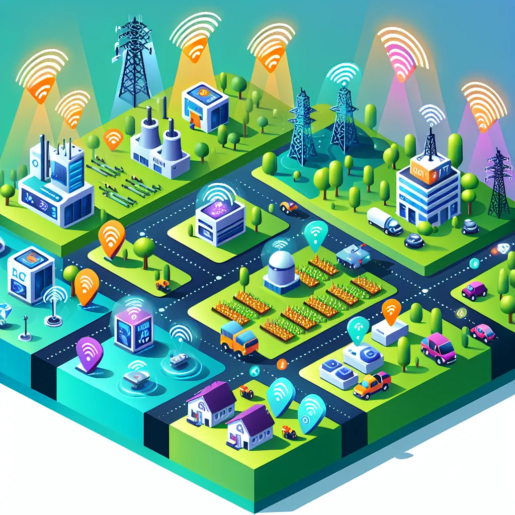 Isometric diagram showing IoT environments (smart city, factory, agriculture, healthcare, vehicles) with colored M2M protocol pathways