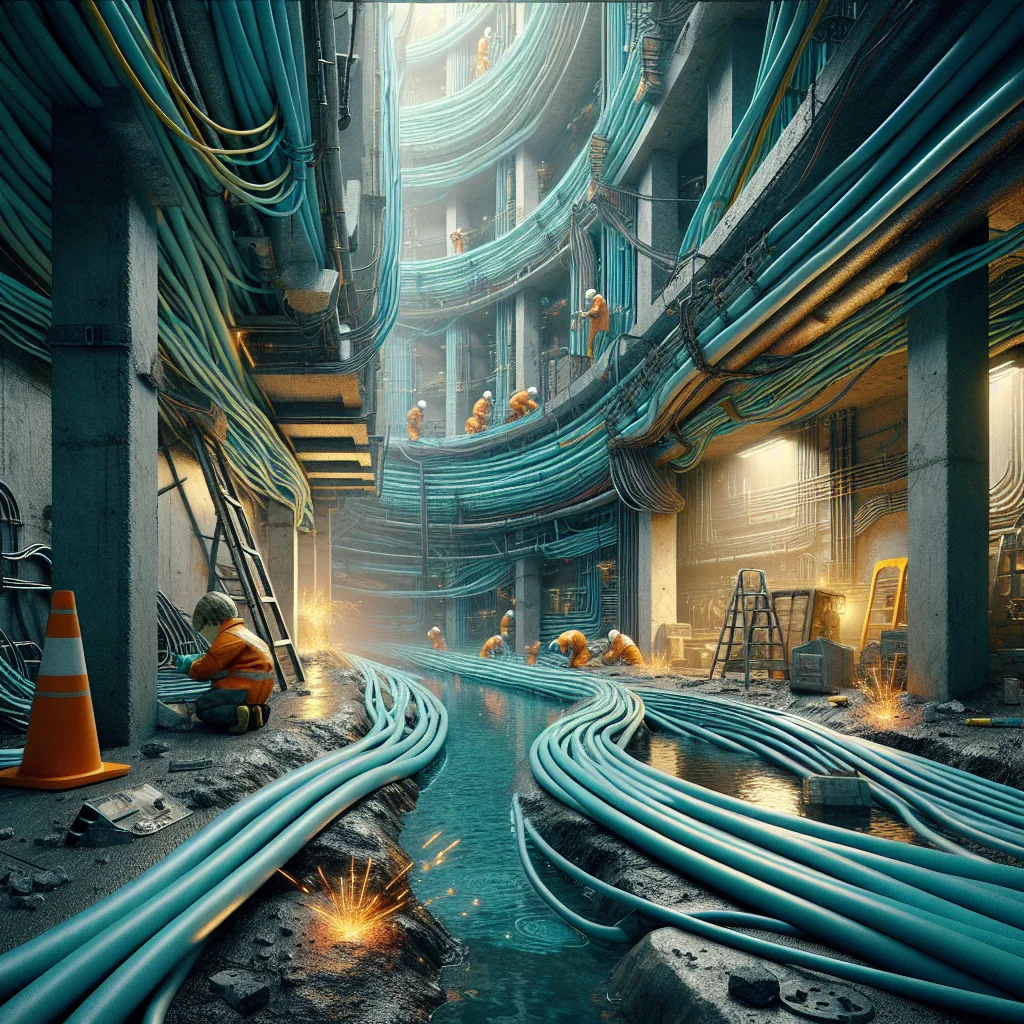 Industrial facility showing workers installing ethernet cables through concrete walls and flooded basements with safety hazards.