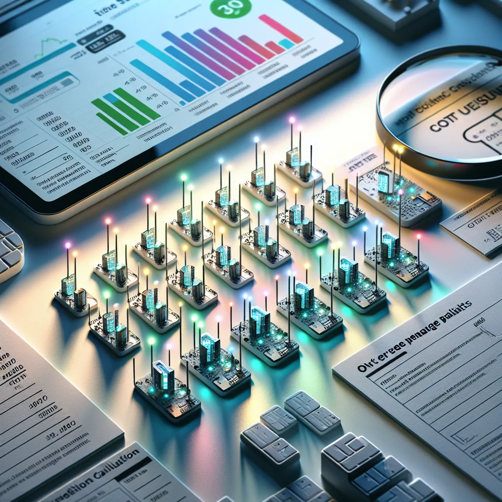 Modern office desk with organized IoT SIM cards showing status LEDs, tablet displaying data usage dashboard, and cost sheets