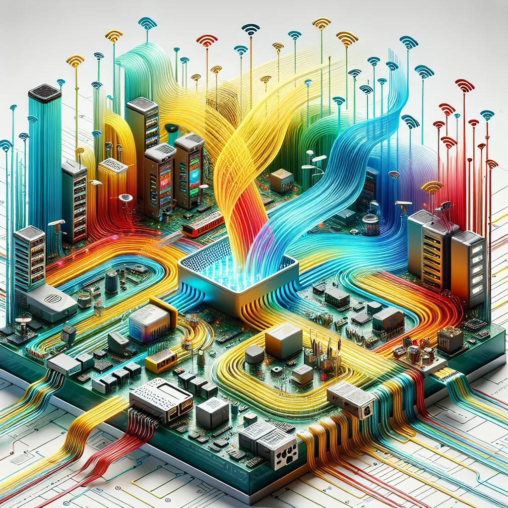 M2M gateway device cross-section showing blue cellular, green WiFi, and golden encrypted data streams flowing through security layers