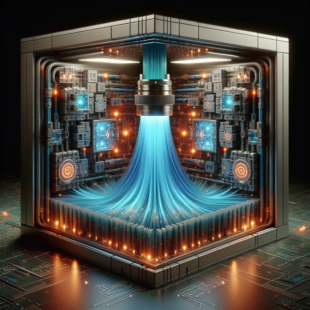 Industrial machines connected by glowing blue fiber optic cables with data streams and security shields on white background