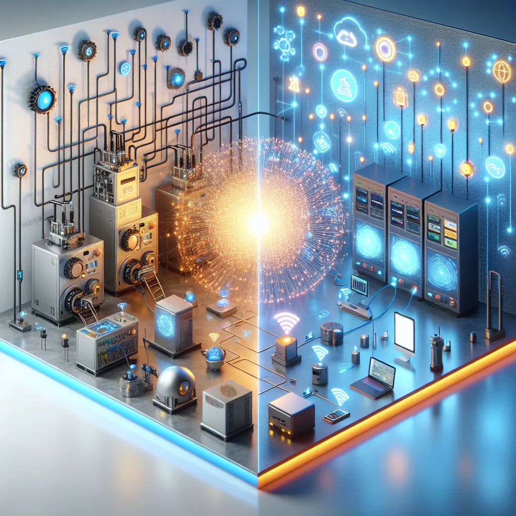 Split-screen comparison: M2M direct machine connection via cable (left) vs IoT devices wirelessly connected to cloud hub (right)