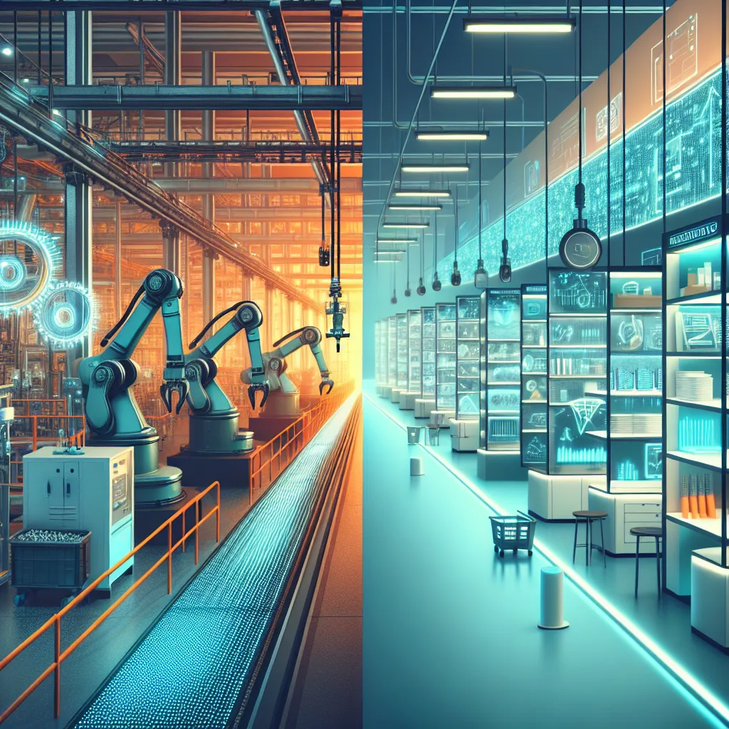 Split-screen showing M2M manufacturing floor with robotic arms and sensors versus IoT retail space with smart shelving and data screens