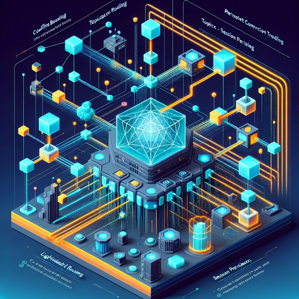MQTT broker architecture diagram with IoT devices as geometric nodes connected by glowing data streams and topic-based routing channels
