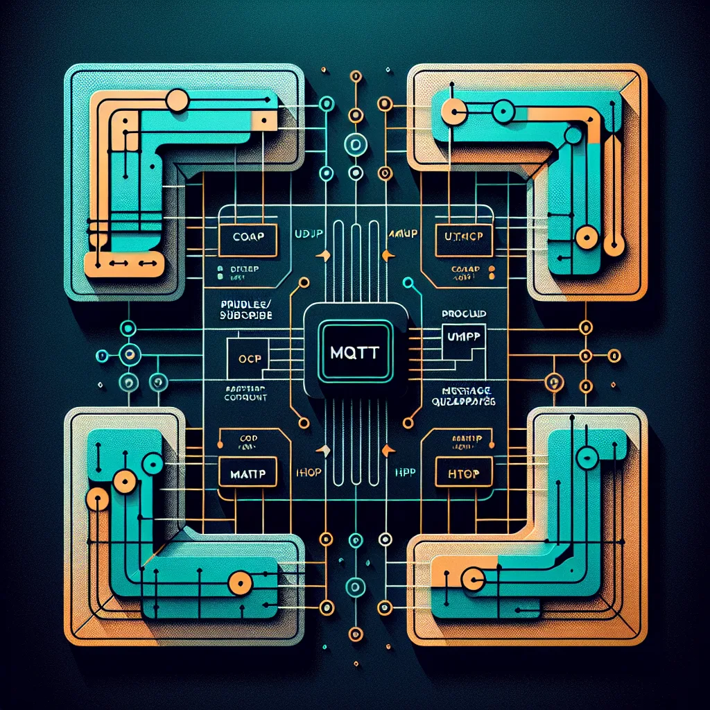 Technical diagram comparing four IoT protocols: MQTT, CoAP, AMQP, and HTTP with colored visual representations on dark background