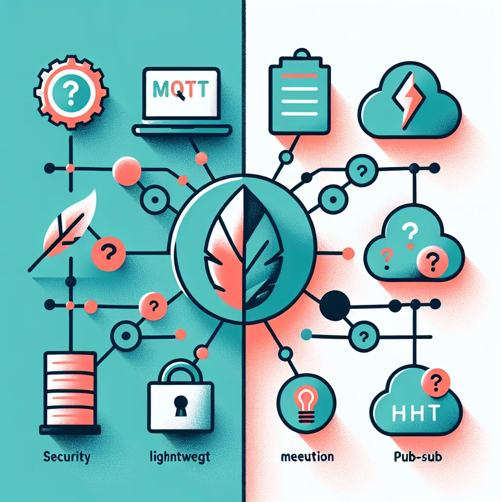 Split-screen diagram comparing MQTT pros (lightweight, low power, real-time) vs cons (security complexity, reliability issues)