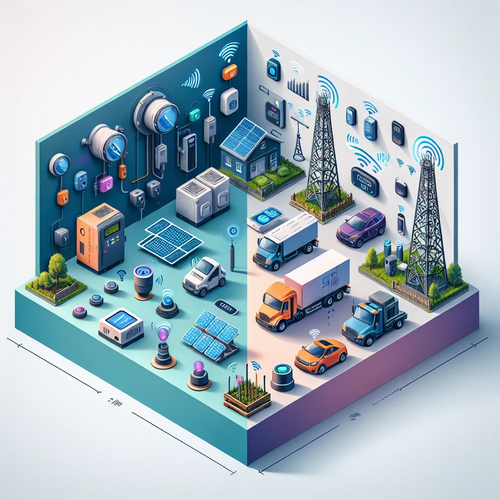 Split-screen comparison of IoT applications: stationary NB-IoT devices like smart meters in blues/greens vs mobile LTE-M trackers in oranges/purples.