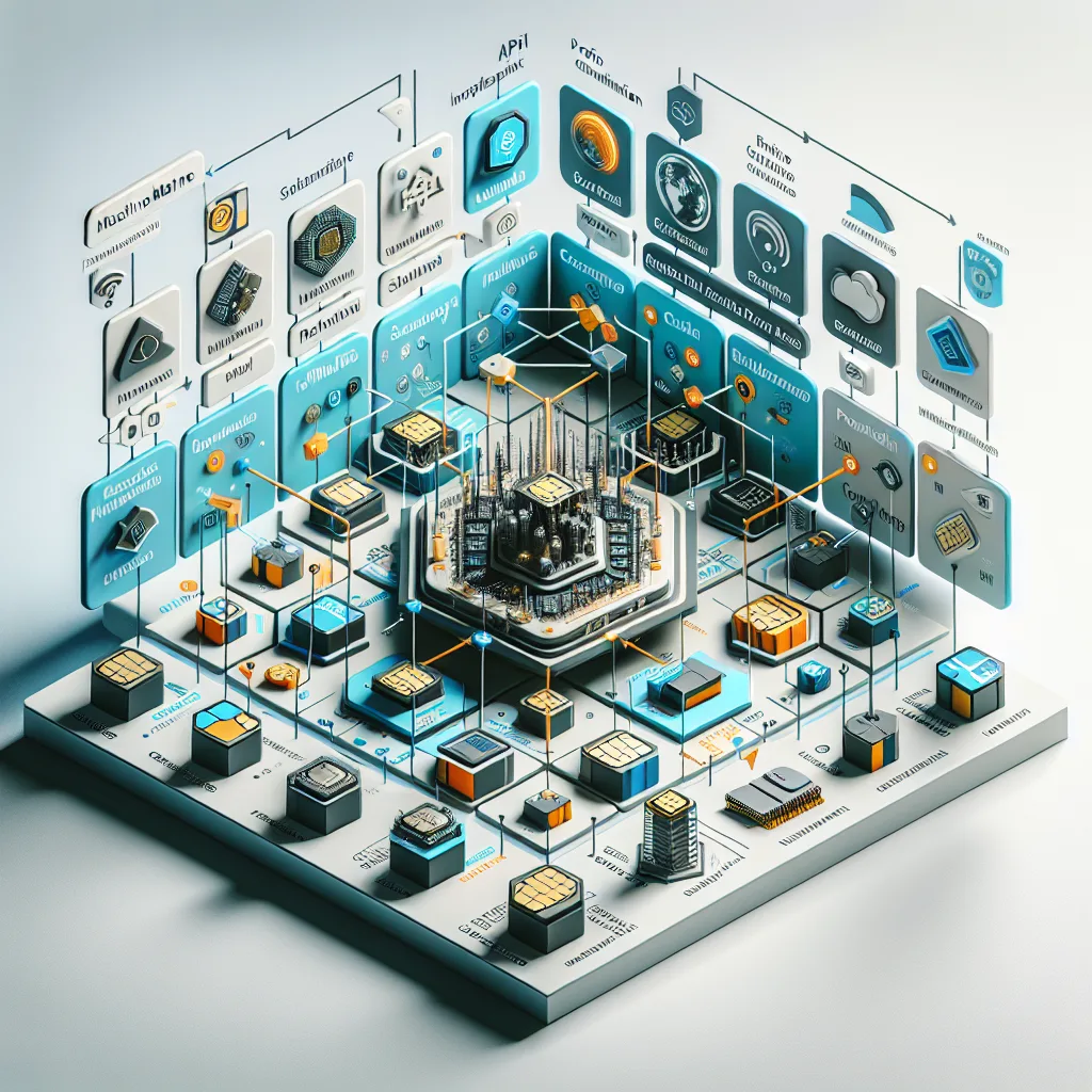 Technical diagram showing M2M deployment considerations with hexagonal modules for SIM compatibility, protocols, and scalability