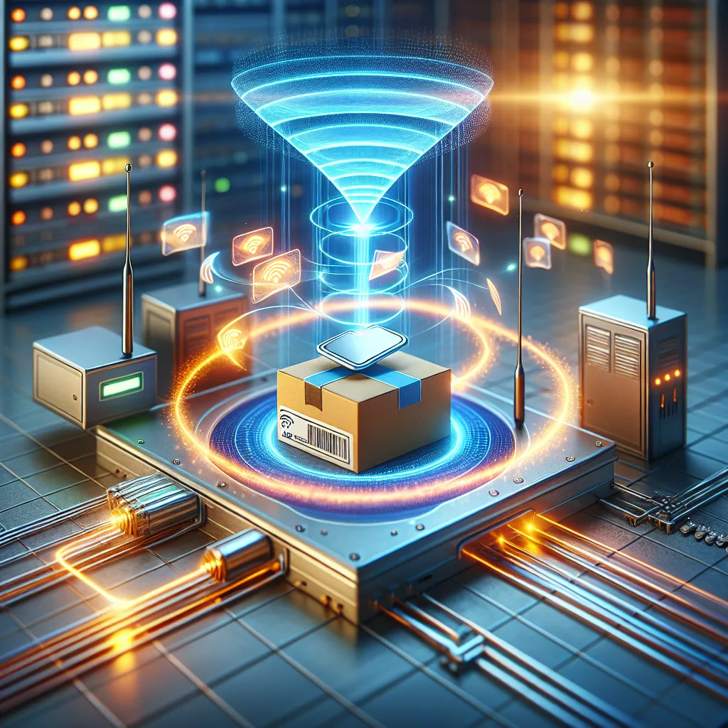 RFID reader antenna emitting blue waves toward silver tag on box, with glowing data packets flowing wirelessly to gateway