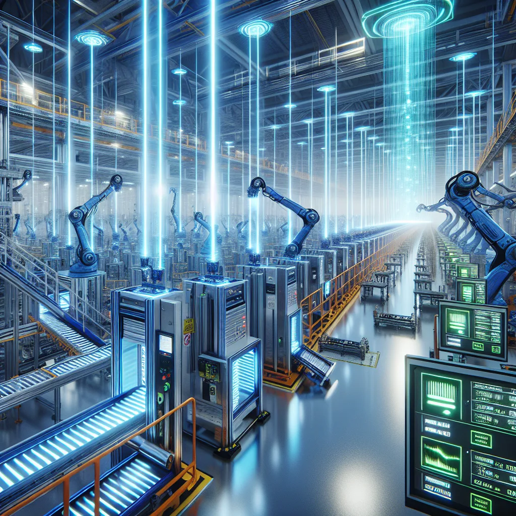 Industrial manufacturing floor with robotic arms, RFID readers on blue frames scanning tagged components, holographic data streams