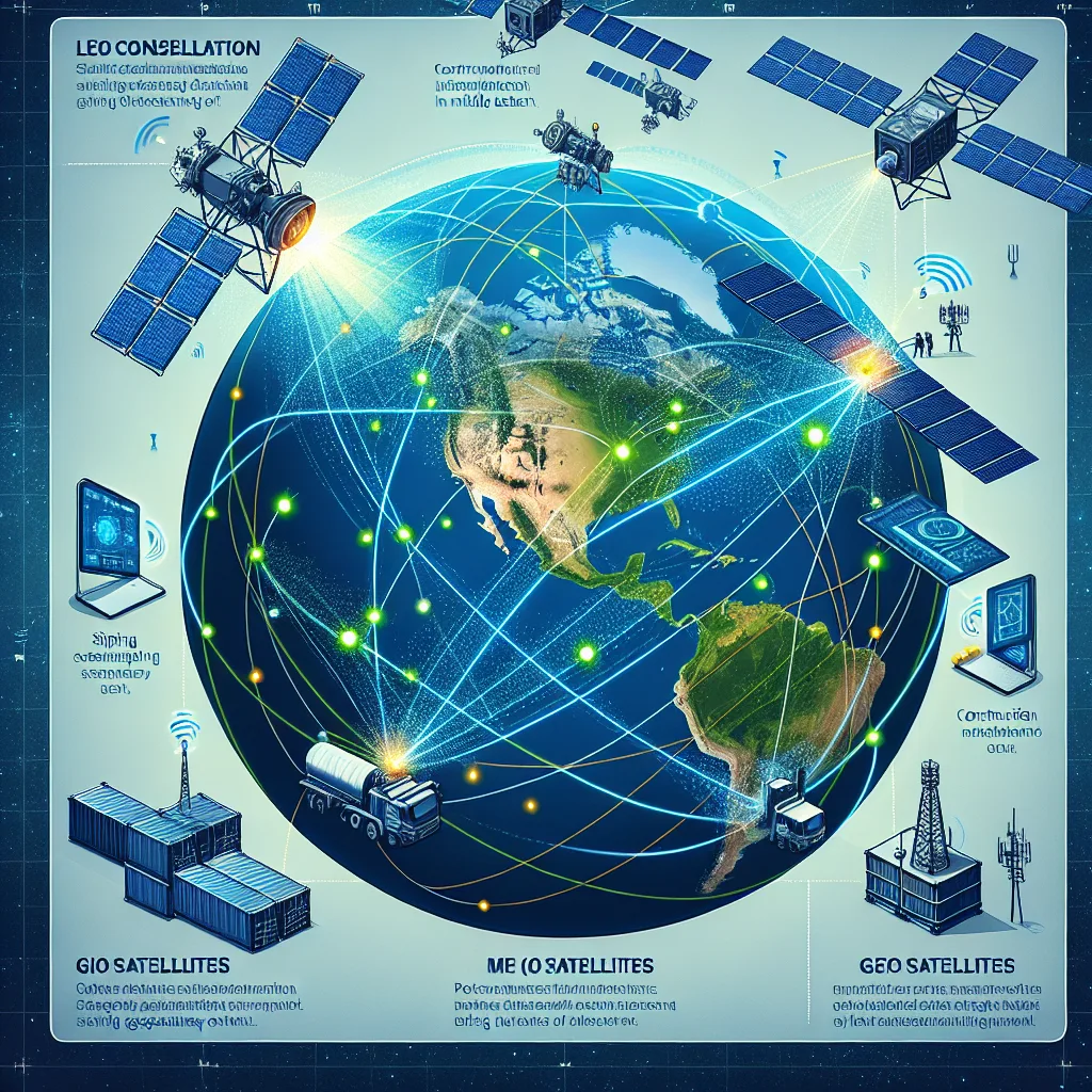 Technical diagram showing LEO, MEO, and GEO satellite layers connecting to M2M devices like construction equipment and sensors on Earth.