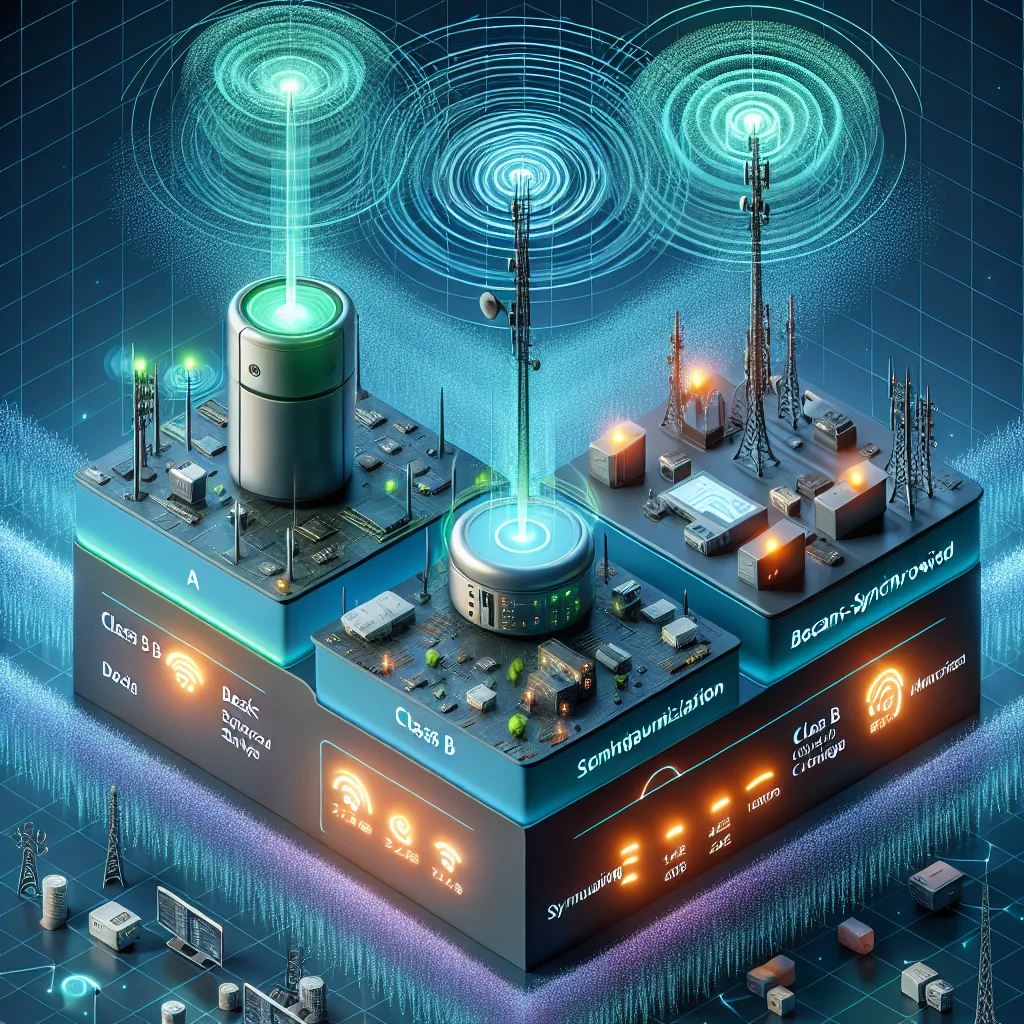 Three IoT device classes connected to cellular towers with blue NB-IoT data streams flowing through licensed spectrum bands.