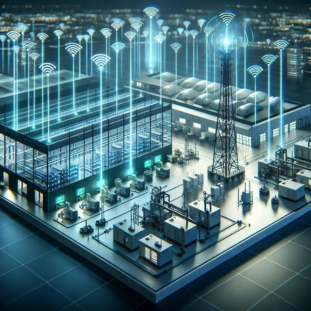 Modern industrial facility showing IoT sensors with blue data streams, 5G tower with white beams, and edge servers with green lights.