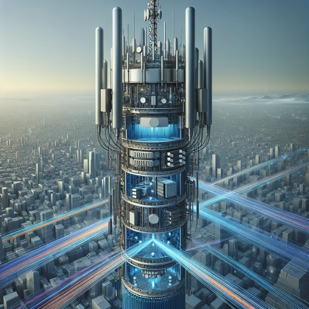 Modern telecommunications tower cross-section showing 5G antennas, LPWAN sensors, and fiber optic infrastructure integration