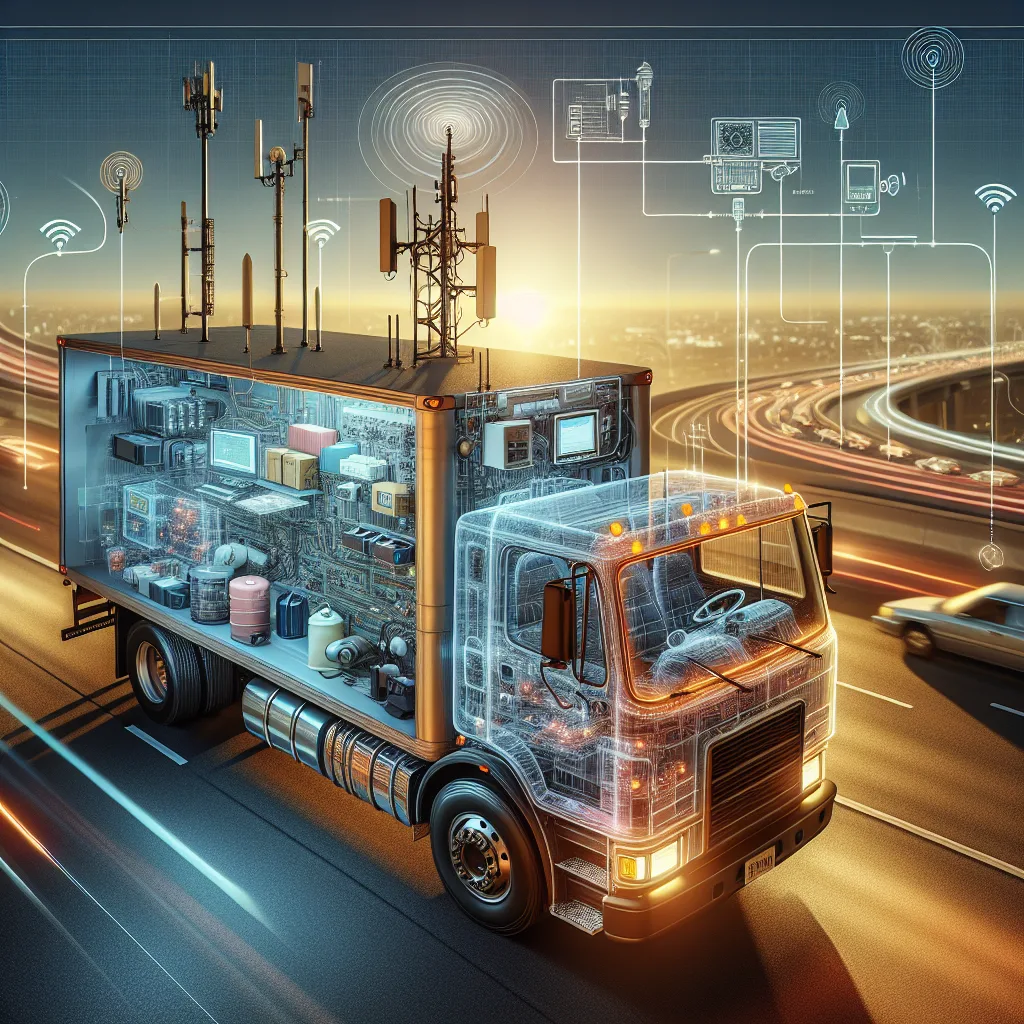 1990s delivery truck cutaway showing early M2M tech: GPS antenna, cellular modem, fuel sensors, and data connections to tower