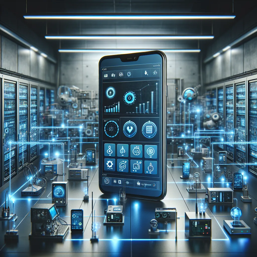 Smartphone displaying M2M control dashboard above network of connected industrial sensors and smart devices linked by glowing data streams
