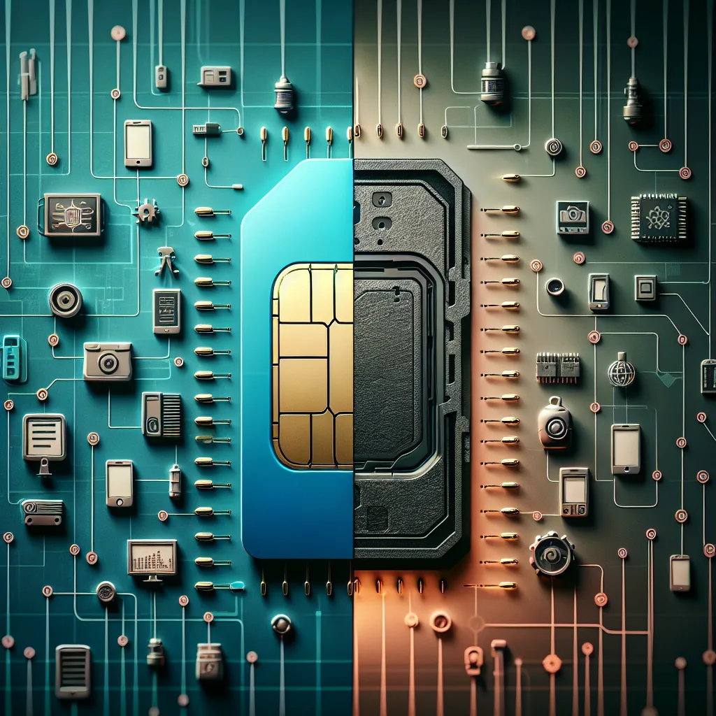 Split-screen comparison of blue consumer SIM card with smartphone icons vs dark industrial M2M SIM with IoT device symbols