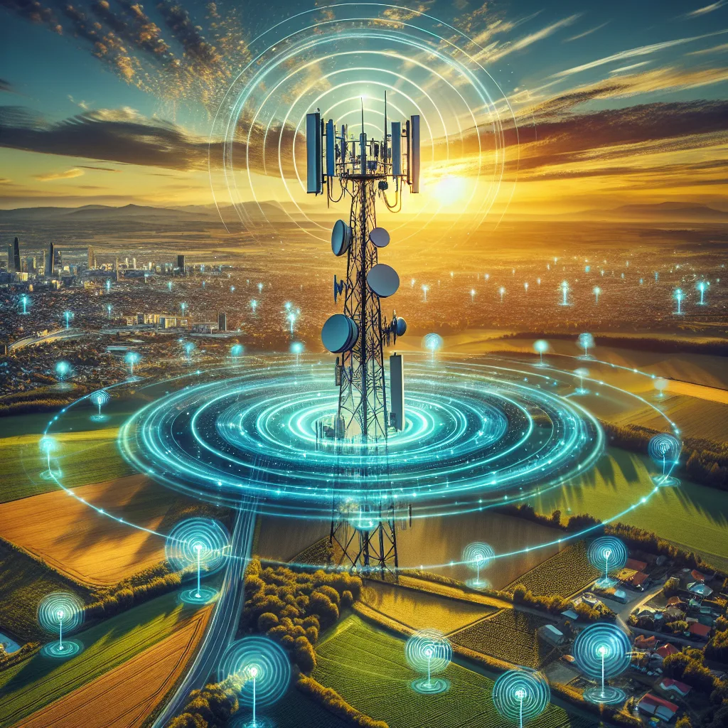 Aerial view of telecommunications tower with blue wireless signals extending to IoT devices across urban and rural landscape