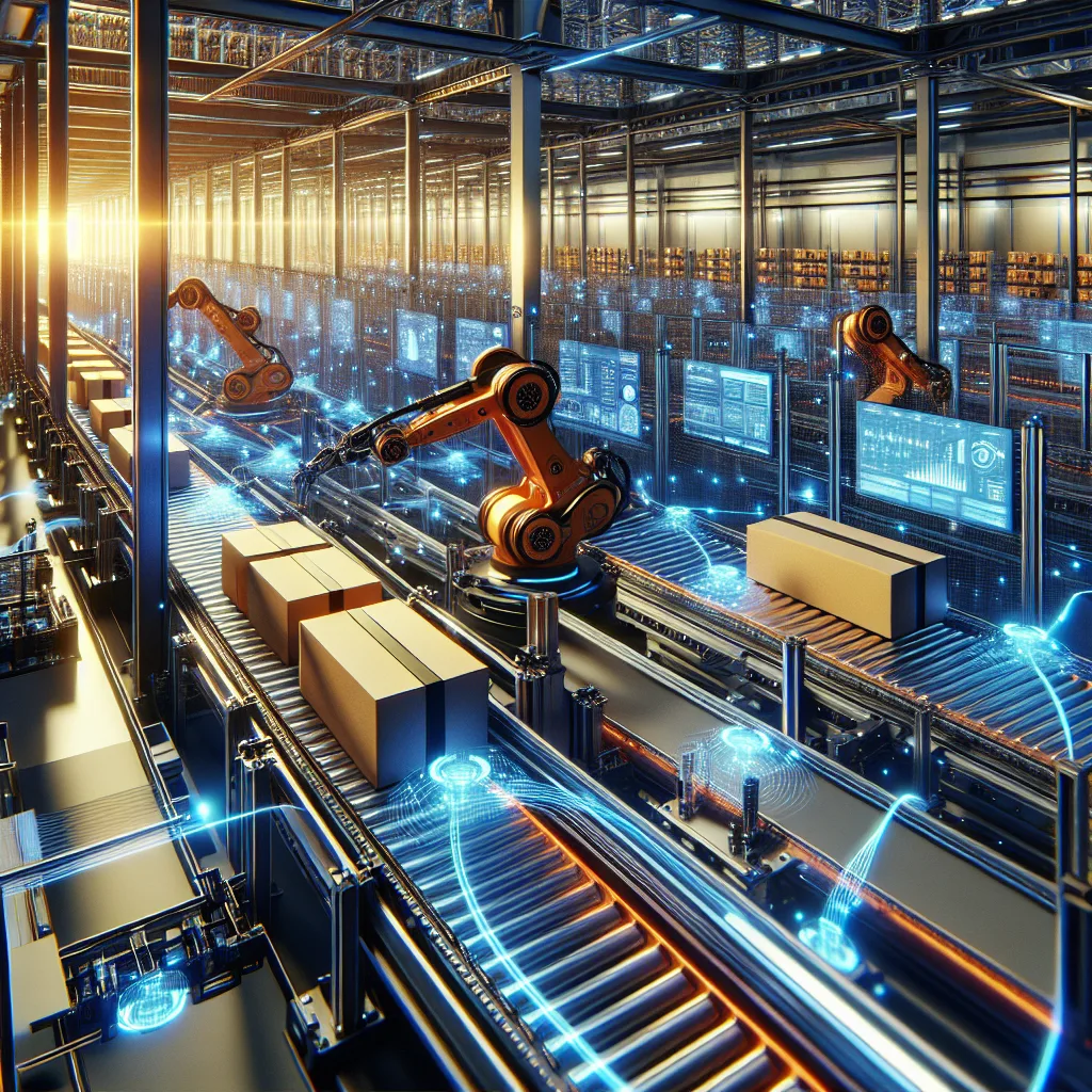 Modern automated warehouse with robotic arms, smart conveyor belts, and glowing sensors showcasing M2M communication technology