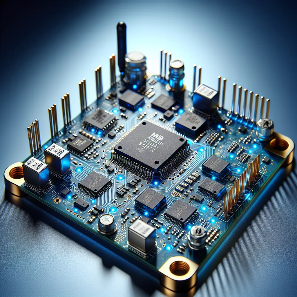 Advanced NB-IoT circuit board module with blue-green LEDs, baseband processor, RF components, and antenna array on gradient background