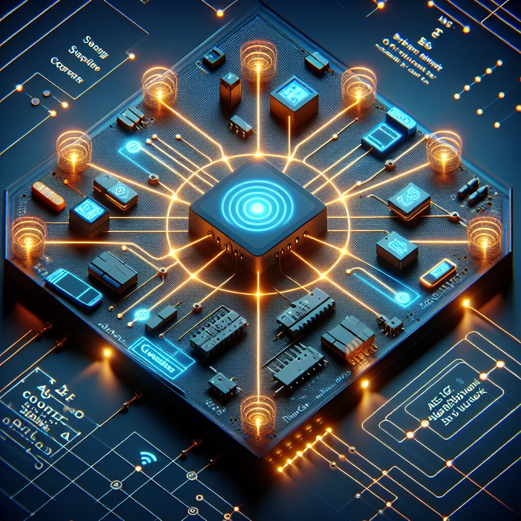 ZigBee network diagram showing blue coordinator node connected to orange end devices via glowing mesh pathways with security shields