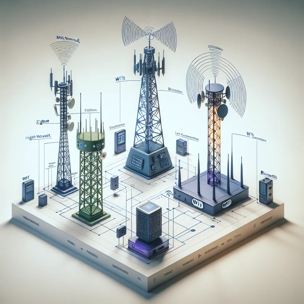 Technical diagram comparing wireless protocol towers: short green ZigBee with mesh networks, tall blue WiFi, orange LoRaWAN, purple Bluetooth